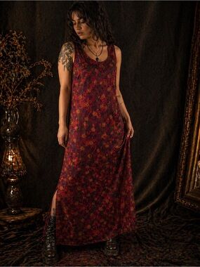 Vintage Wine Red Maxi Dress 90s Gothic Boho Mystic Print Sleeveless L